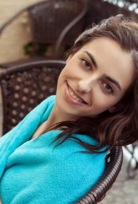 Beautiful girl sitting on a chair on the balcony and opening her bathrobe!Mercedes (122 Photos)